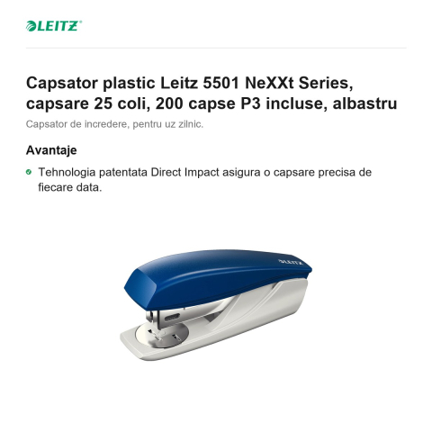 Capsator plastic Leitz 5501 NeXXt Series, capsare 25 coli, 200 capse P3 incluse, albastru [1]
