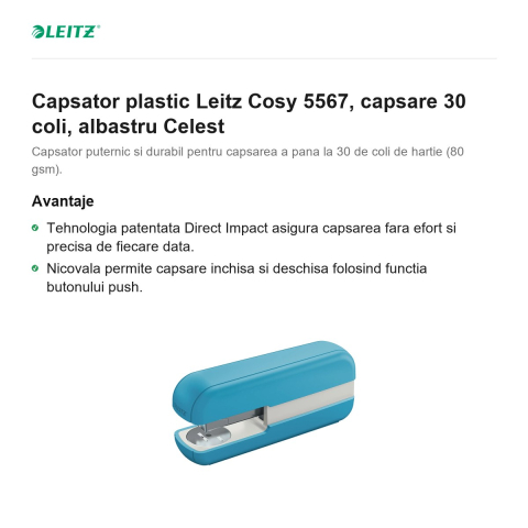 Capsator plastic Leitz Cosy 5567, capsare 30 coli, albastru Celest [1]