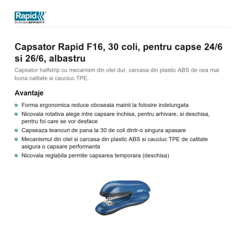 Capsator Rapid F16, 30 coli, pentru capse 24/6 si 26/6, albastru [1]