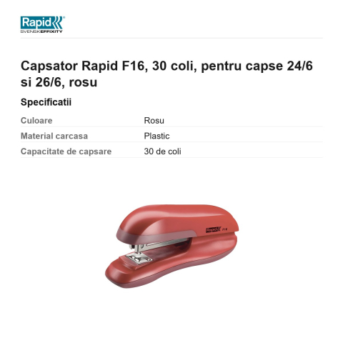 Capsator Rapid F16, 30 coli, pentru capse 24/6 si 26/6, rosu [2]