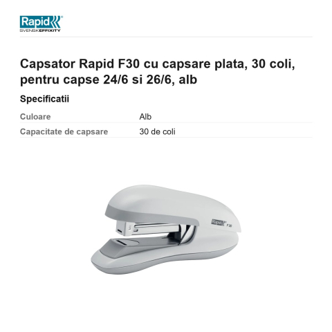 Capsator Rapid F30 cu capsare plata, 30 coli, pentru capse 24/6 si 26/6, alb [2]