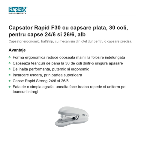 Capsator Rapid F30 cu capsare plata, 30 coli, pentru capse 24/6 si 26/6, alb [1]