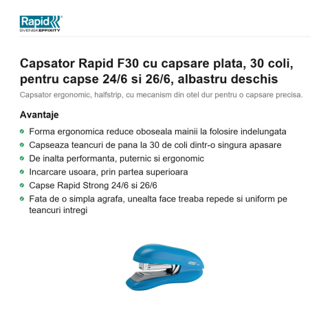 Capsator Rapid F30 cu capsare plata, 30 coli, pentru capse 24/6 si 26/6, albastru deschis [1]
