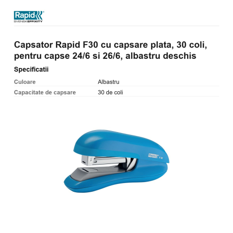 Capsator Rapid F30 cu capsare plata, 30 coli, pentru capse 24/6 si 26/6, albastru deschis [2]