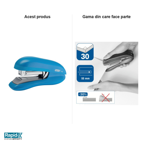Capsator Rapid F30 cu capsare plata, 30 coli, pentru capse 24/6 si 26/6, albastru deschis [3]