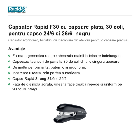Capsator Rapid F30 cu capsare plata, 30 coli, pentru capse 24/6 si 26/6, negru [1]