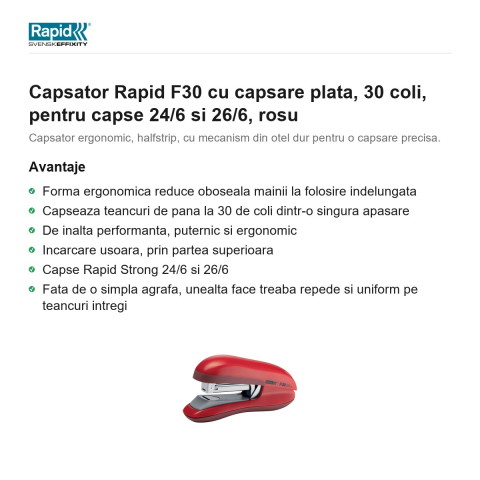 Capsator Rapid F30 cu capsare plata, 30 coli, pentru capse 24/6 si 26/6, rosu [1]