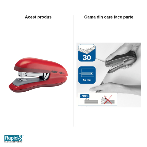 Capsator Rapid F30 cu capsare plata, 30 coli, pentru capse 24/6 si 26/6, rosu [4]
