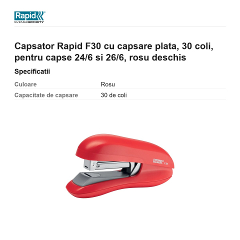 Capsator Rapid F30 cu capsare plata, 30 coli, pentru capse 24/6 si 26/6, rosu deschis [2]