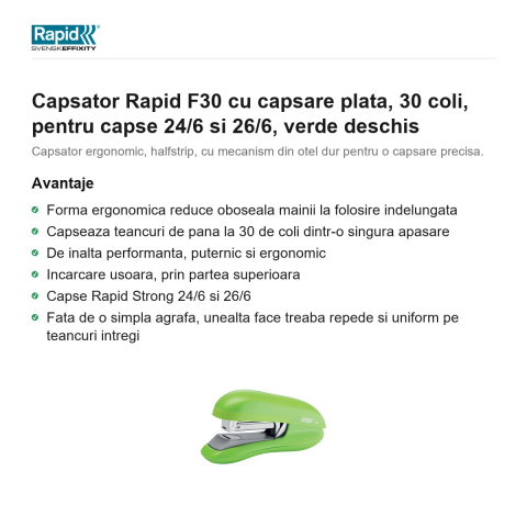 Capsator Rapid F30 cu capsare plata, 30 coli, pentru capse 24/6 si 26/6, verde deschis [1]