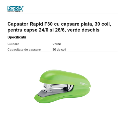 Capsator Rapid F30 cu capsare plata, 30 coli, pentru capse 24/6 si 26/6, verde deschis [2]