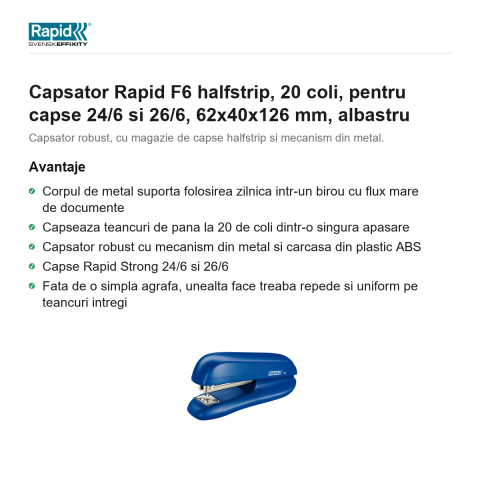 Capsator Rapid F6 halfstrip, 20 coli, pentru capse 24/6 si 26/6, 62x40x126 mm, albastru [1]