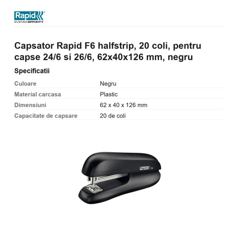 Capsator Rapid F6 halfstrip, 20 coli, pentru capse 24/6 si 26/6, 62x40x126 mm, negru [2]