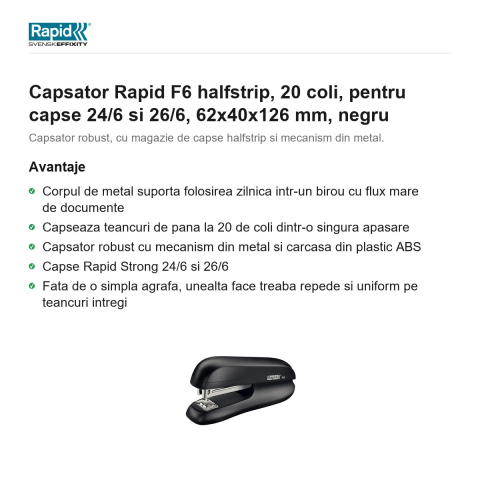 Capsator Rapid F6 halfstrip, 20 coli, pentru capse 24/6 si 26/6, 62x40x126 mm, negru [1]