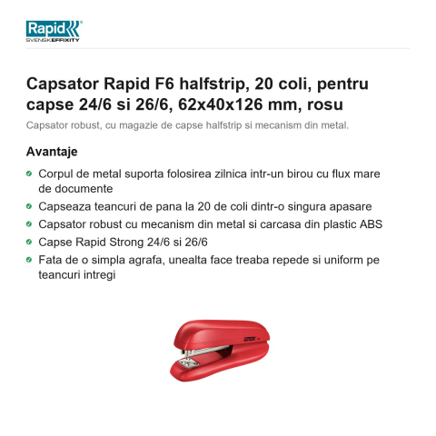 Capsator Rapid F6 halfstrip, 20 coli, pentru capse 24/6 si 26/6, 62x40x126 mm, rosu [1]