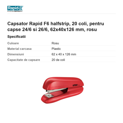 Capsator Rapid F6 halfstrip, 20 coli, pentru capse 24/6 si 26/6, 62x40x126 mm, rosu [2]