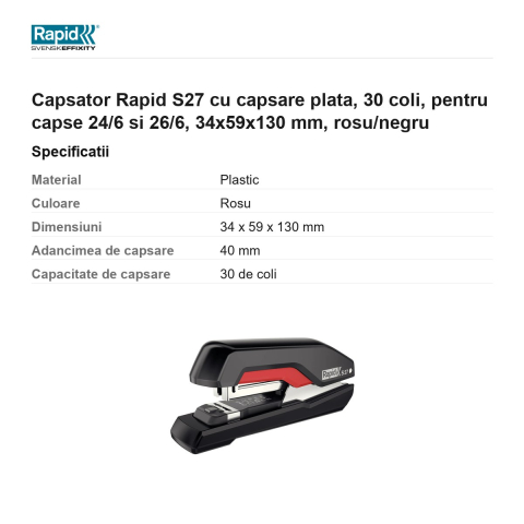 Capsator Rapid S27 cu capsare plata, 30 coli, pentru capse 24/6 si 26/6, 34x59x130 mm, rosu/negru [2]