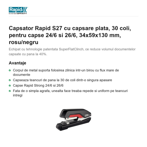 Capsator Rapid S27 cu capsare plata, 30 coli, pentru capse 24/6 si 26/6, 34x59x130 mm, rosu/negru [1]