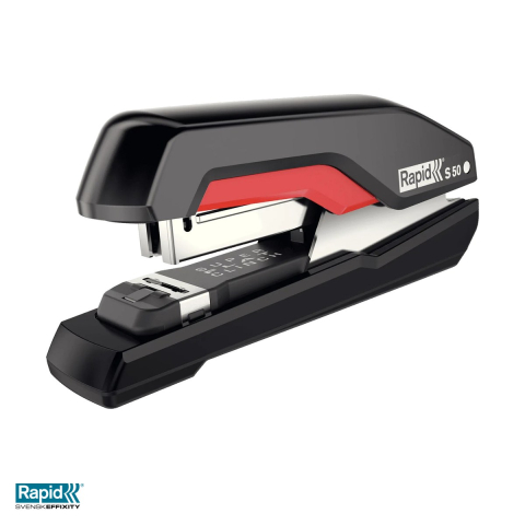 Capsatoare - Capsator Rapid Supreme S50, 50 coli, pentru capse Super Strong 24/8 si 26/8, 34x62x130 mm, negru/rosu