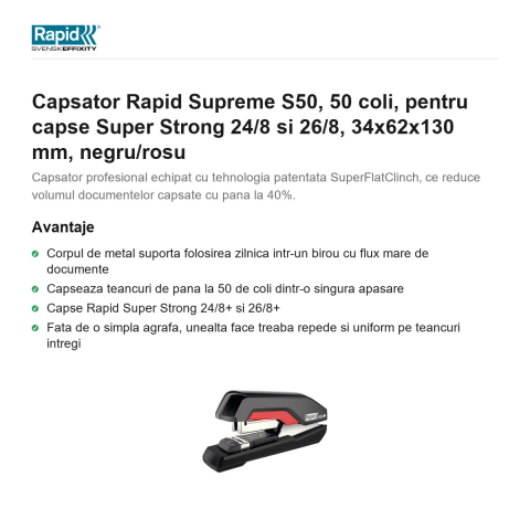 Capsator Rapid Supreme S50, 50 coli, pentru capse Super Strong 24/8 si 26/8, 34x62x130 mm, negru/rosu [1]