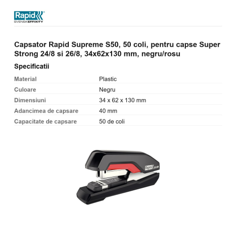 Capsator Rapid Supreme S50, 50 coli, pentru capse Super Strong 24/8 si 26/8, 34x62x130 mm, negru/rosu [2]
