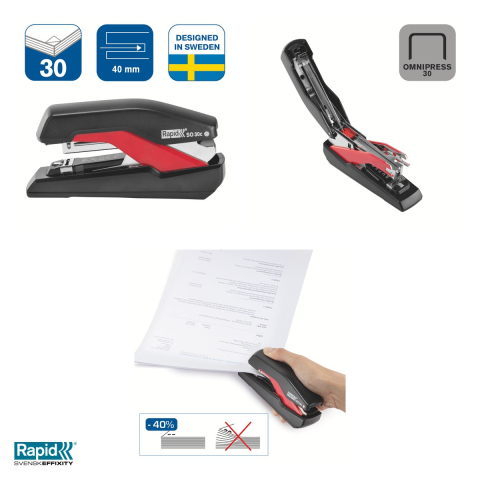 Capsator Rapid Supreme SO30 Omnipress, 30 coli, pentru capse Omnipress 30, 39x69x134 mm, negru/rosu [3]
