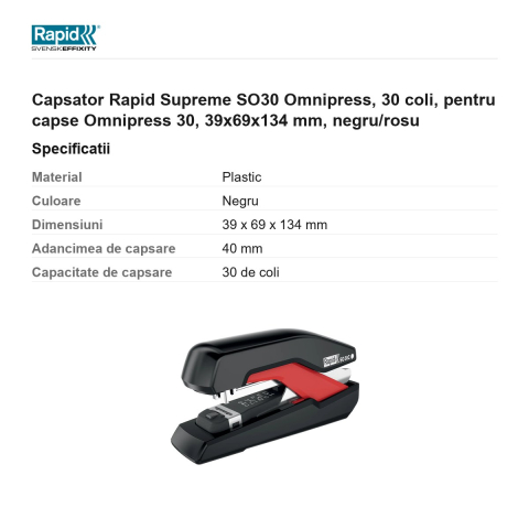 Capsator Rapid Supreme SO30 Omnipress, 30 coli, pentru capse Omnipress 30, 39x69x134 mm, negru/rosu [2]
