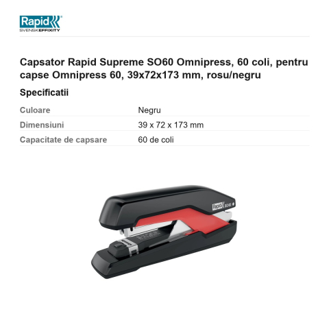 Capsator Rapid Supreme SO60 Omnipress, 60 coli, pentru capse Omnipress 60, 39x72x173 mm, rosu/negru [2]