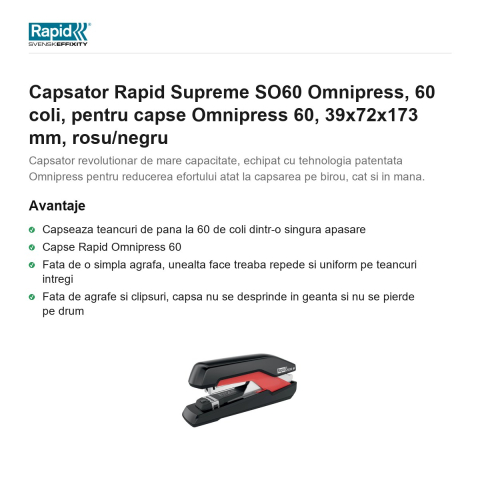 Capsator Rapid Supreme SO60 Omnipress, 60 coli, pentru capse Omnipress 60, 39x72x173 mm, rosu/negru [1]