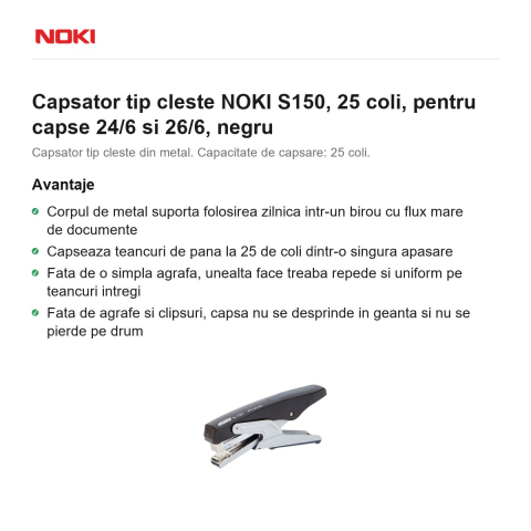 Capsator tip cleste NOKI S150, 25 coli, pentru capse 24/6 si 26/6, negru [1]