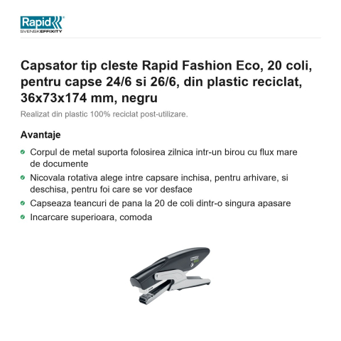 Capsator tip cleste Rapid Fashion Eco, 20 coli, pentru capse 24/6 si 26/6, din plastic reciclat, 36x73x174 mm, negru [1]