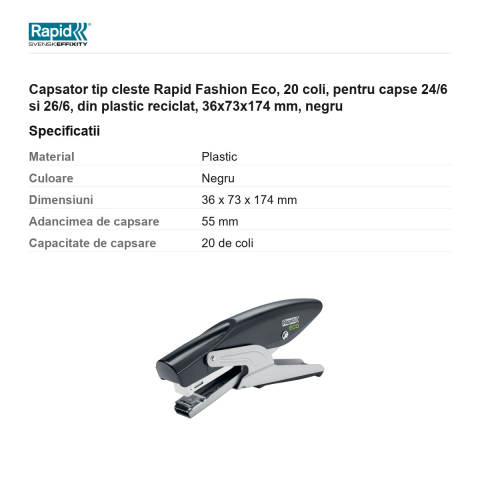Capsator tip cleste Rapid Fashion Eco, 20 coli, pentru capse 24/6 si 26/6, din plastic reciclat, 36x73x174 mm, negru [2]