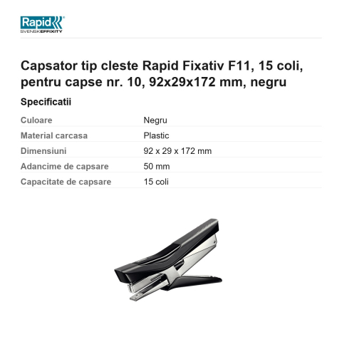 Capsator tip cleste Rapid Fixativ F11, 15 coli, pentru capse nr. 10, 92x29x172 mm, negru [2]