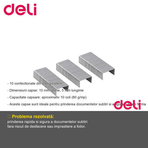 Capse nr. 10 Deli DLE0010N, otel rezistent, 1000 bucati, pentru capsatoare standard, birou si scoala [1]