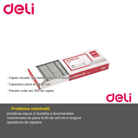 Capse zincate 23/10 Deli, metal rezistent, capsare pana la 60 coli, cutie 500 bucati [1]