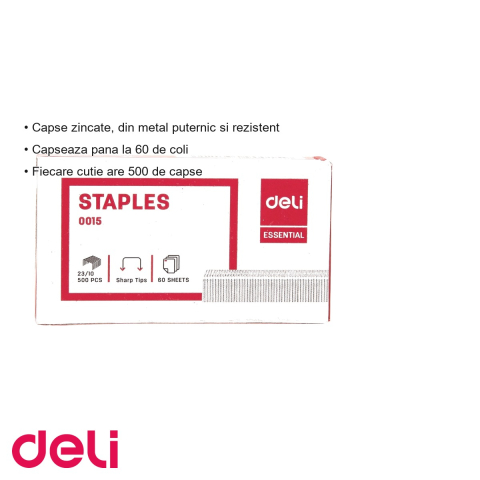 Capse zincate 23/10 Deli, metal rezistent, capsare pana la 60 coli, cutie 500 bucati [2]