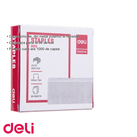Capse zincate 23/13 Deli, metal rezistent, capseaza pana la 80 coli, cutie 1000 bucati [2]