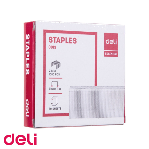 Capse pentru capsator - Capse zincate 23/13 Deli, metal rezistent, capseaza pana la 80 coli, cutie 1000 bucati