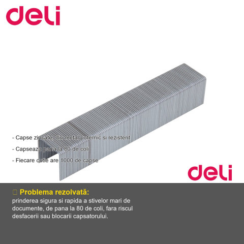Capse zincate 23/13 Deli, metal rezistent, capseaza pana la 80 coli, cutie 1000 bucati [1]