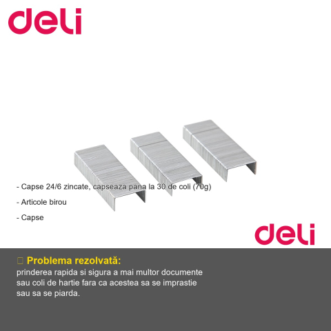 Capse zincate 24/6 Deli, pentru capsator standard, capseaza pana la 30 de coli [1]