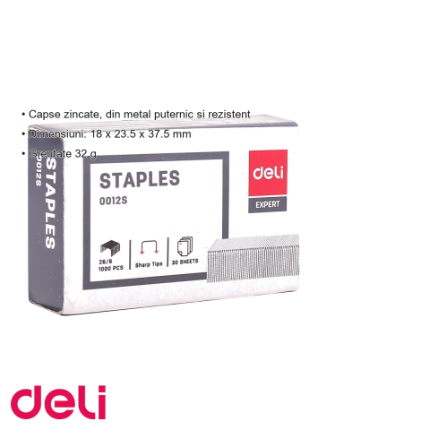 Capse zincate 26/6 Deli, metal rezistent, pentru capsatoare standard, 1000 bucati per cutie [2]