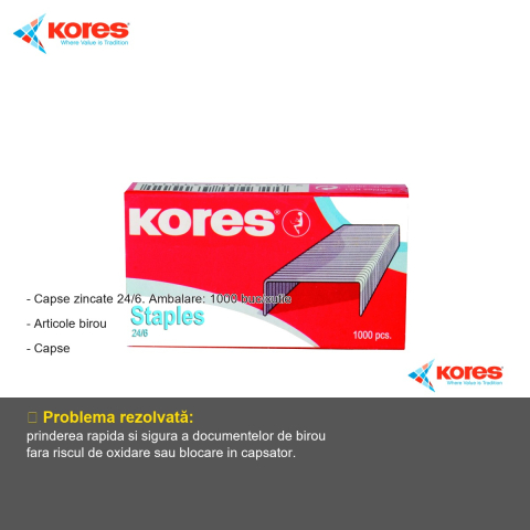 Capse zincate Kores 24/6, 1000 bucati per cutie, pentru capsatoare standard de birou [1]