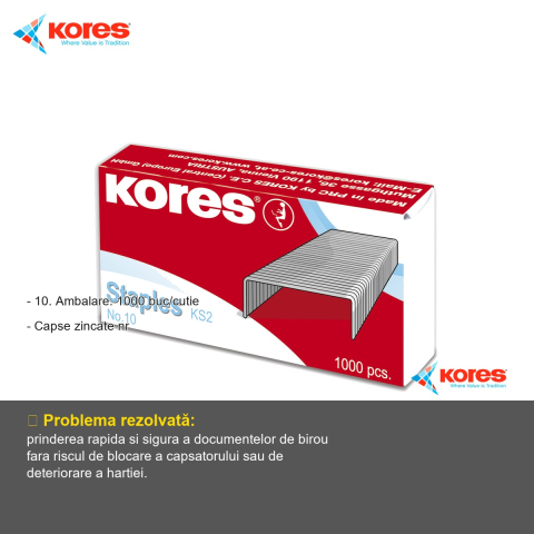 Capse zincate nr. 10 Kores, 1000 bucati/cutie, pentru capse standard de birou [1]