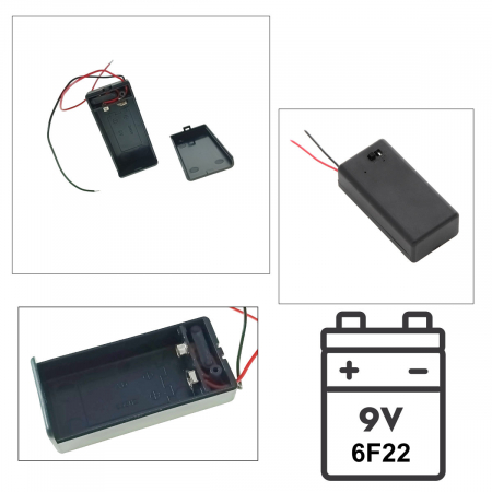 Carcasa cu capac si conectori cu 2 fire, pentru 1 baterie tip 6F22 9V, PR-3142-05021, buton On/Off, neagra [2]