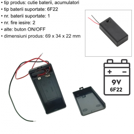 Carcasa cu capac si conectori cu 2 fire, pentru 1 baterie tip 6F22 9V, PR-3142-05021, buton On/Off, neagra [5]