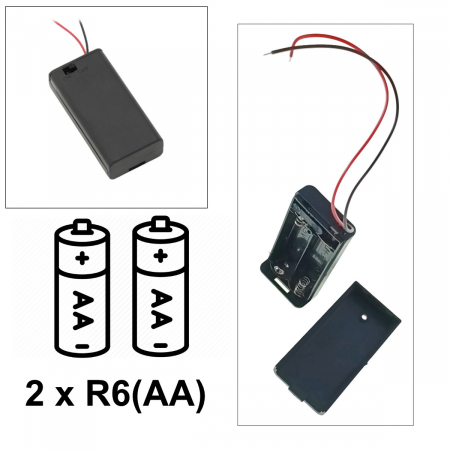Carcasa cu capac si conectori cu 2 fire, pentru 2 baterii tip AA-R6, PR-2664-04800, buton On/Off, neagra [2]