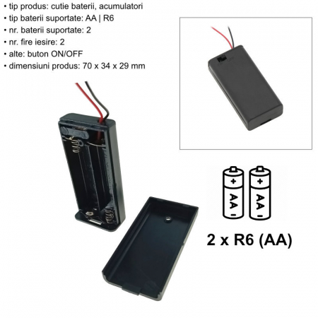 Carcasa cu capac si conectori cu 2 fire, pentru 2 baterii tip AA-R6, PR-2664-04800, buton On/Off, neagra [5]