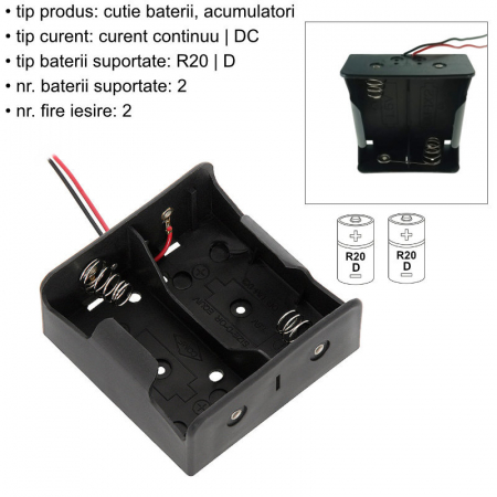Carcasa suport pentru 2 baterii tip R20/D, PR-3869-04870, conectori cu 2 fire, neagra [5]