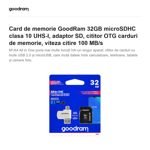 Card de memorie GoodRam 32GB microSDHC clasa 10 UHS-I, adaptor SD, cititor OTG carduri de memorie, viteza citire 100 MB/s [1]