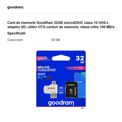 Card de memorie GoodRam 32GB microSDHC clasa 10 UHS-I, adaptor SD, cititor OTG carduri de memorie, viteza citire 100 MB/s [2]